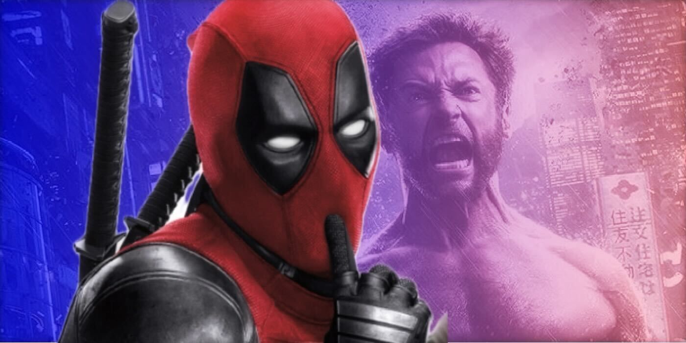 Ryan Reynolds as Deadpool puts his finger on his lips in a shush gesture while Hugh Jackman's Wolverine looks angry
