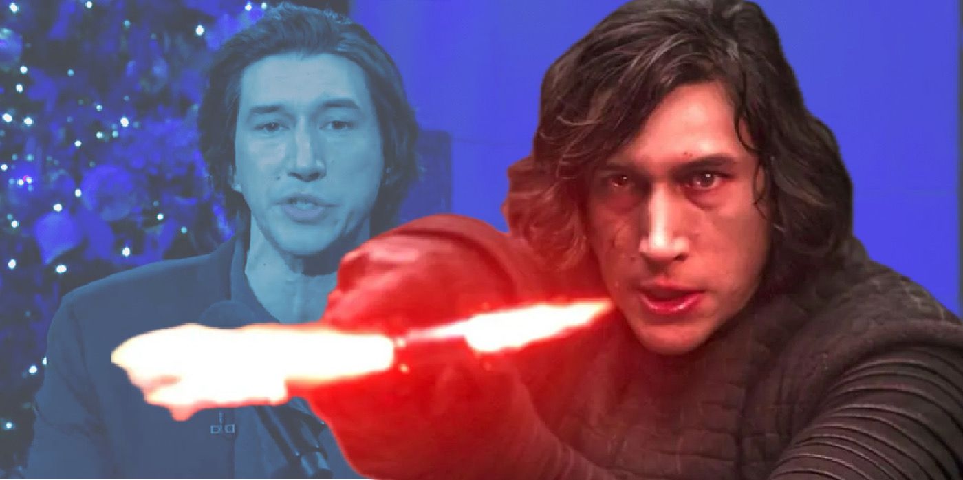 Adam Driver as Kylo Ren holding a lightsaber and appearing on Saturday Night Live