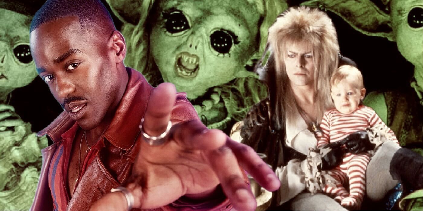 Ncuti Gatwa as The Doctor with goblins in the background, next to David Bowie as the Goblin King holding a baby in Labyrinth