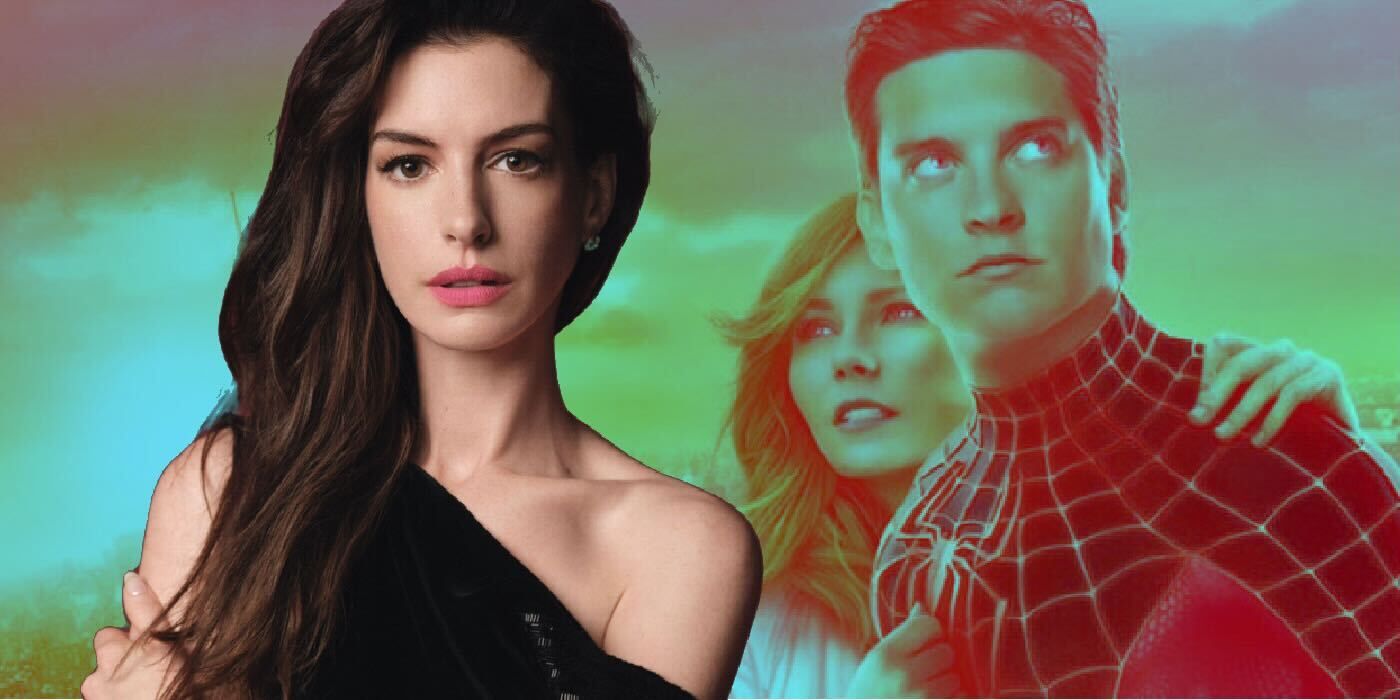 Anne Hathaway next to Tobey Maguire as Spider-Man and Kirsten Dunst as MJ