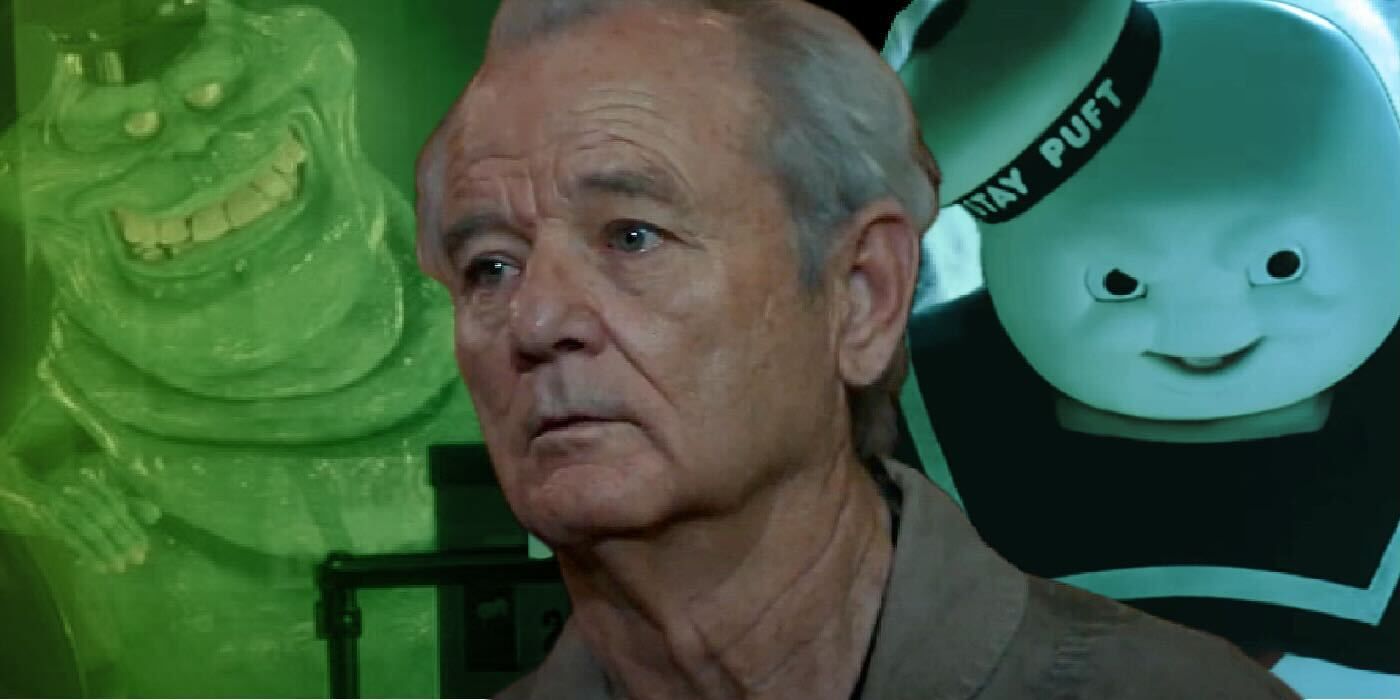 Slimer driving a bus from Ghostbusters II, Bill Murray as Peter Venkman in Frozen Empire and the Stay Puft Marshmallow Man