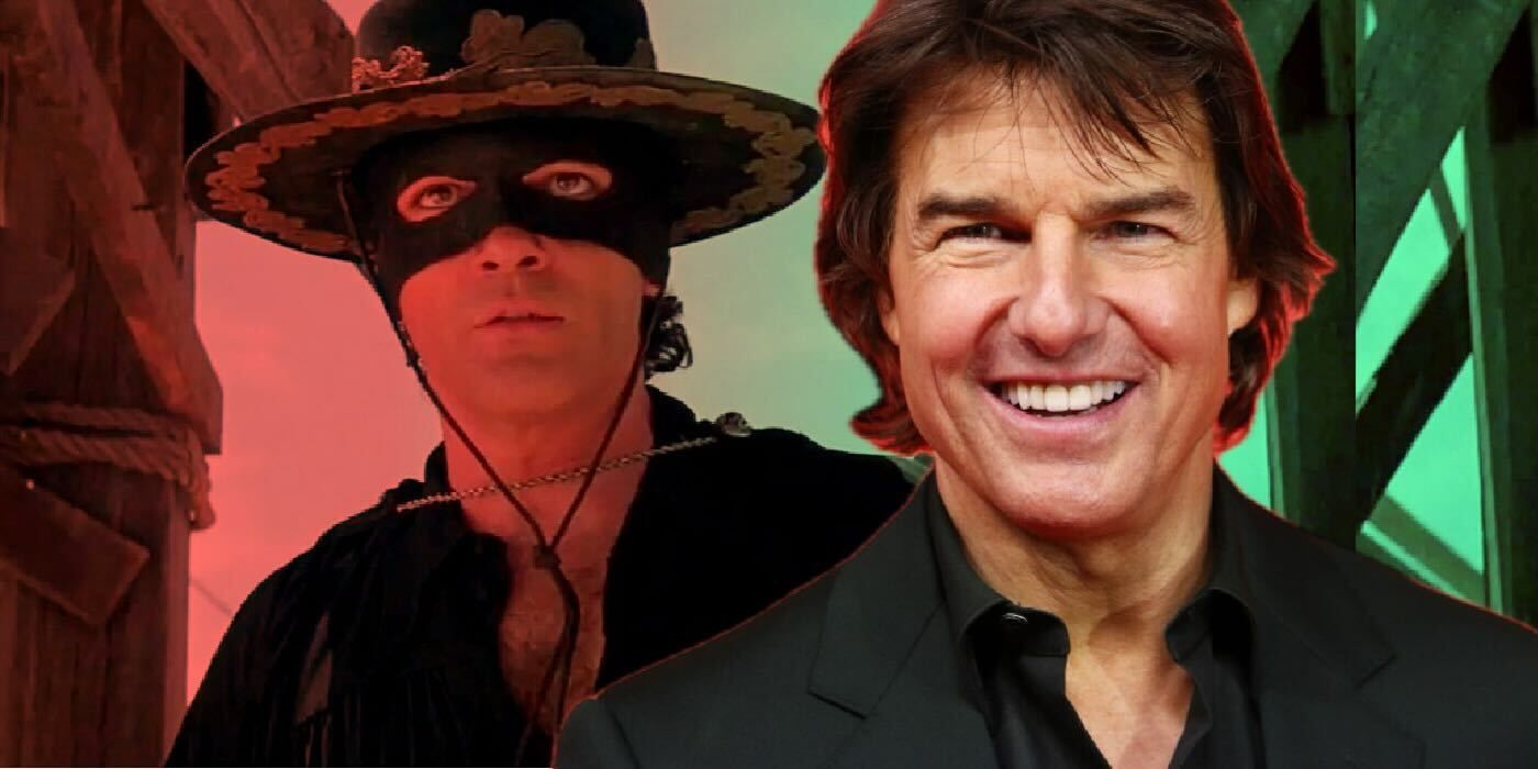 Antonio Banderas as Zorro in The Mask of Zorro with a smiling Tom Cruise