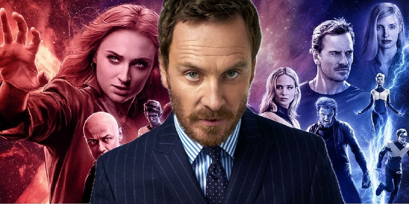 Michael Fassbender wearing a suit, with characters from X-Men Dark Phoenix
