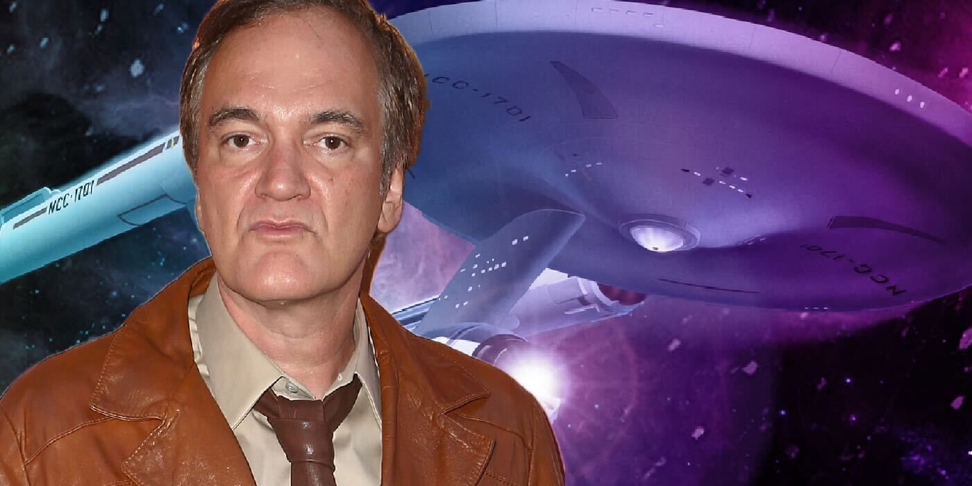 Quentin Tarantino in a brown jacket with a Star Trek starship behind him