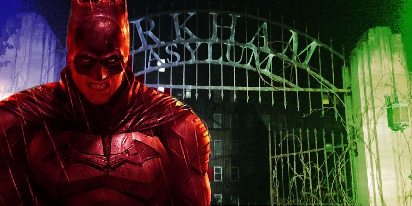 Robert Pattinson's Batman in front of the gates of Arkham Asylum as seen in the TV series Gotham