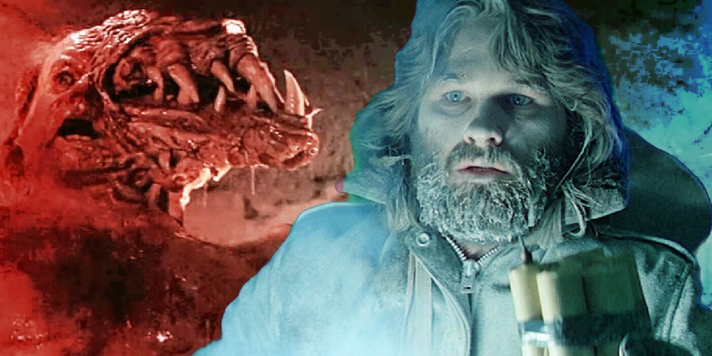 The Blair Monster and Kurt Russell as MacReady holding dynamite in The Thing
