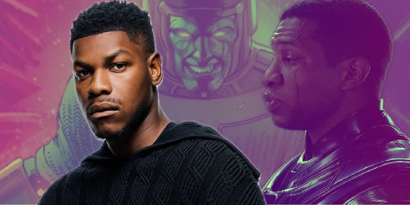 John Boyega alongside Jonathan Majors as Kang in Ant-Man and the Wasp Quantumania with the comic iteration of Kang in the background