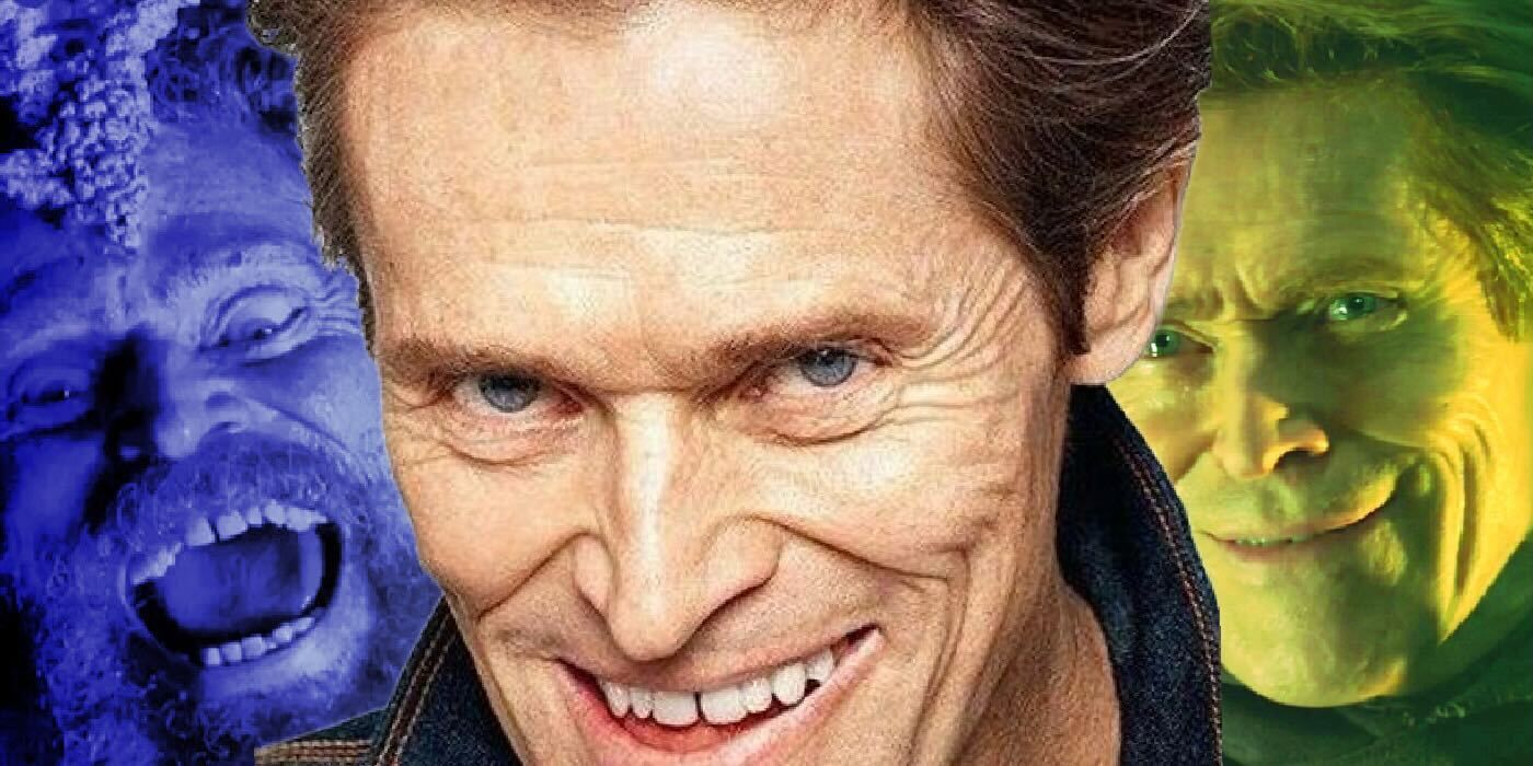 Willem Dafoe smiling at the camer with his characters from The Lighthouse and Spider-Man