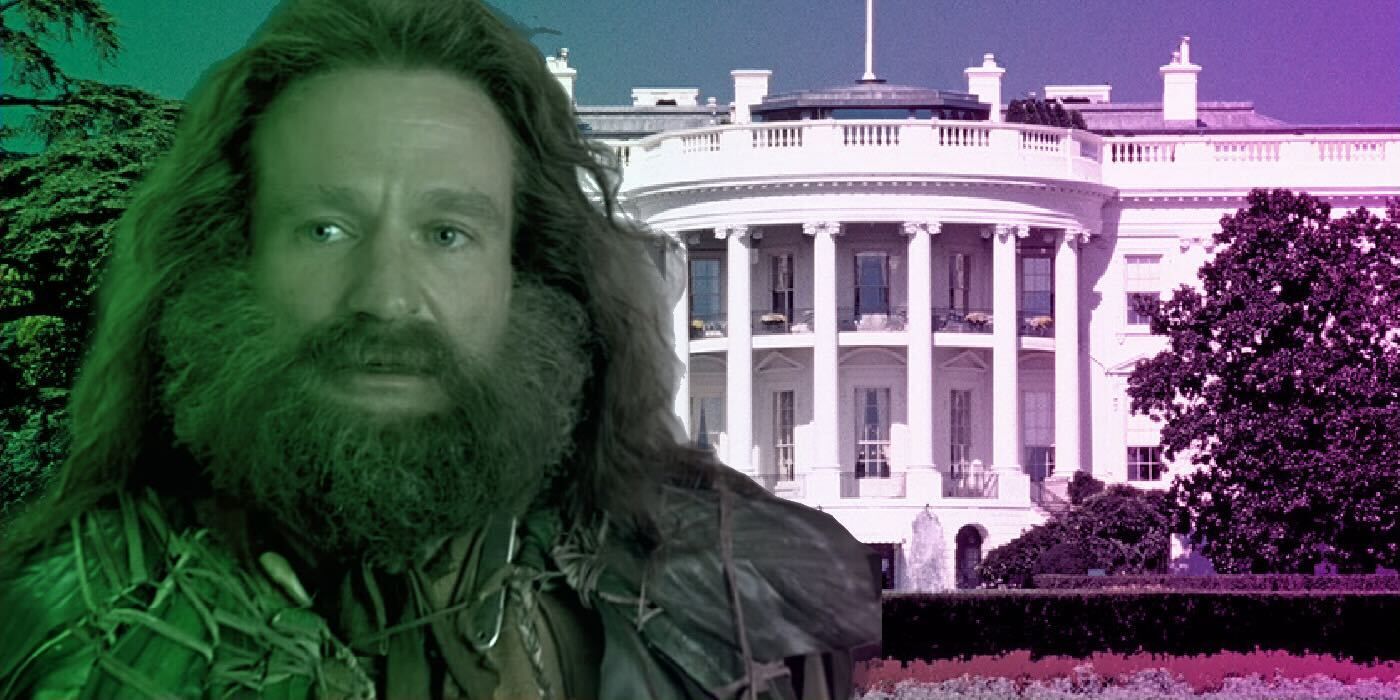 Robin Williams in Jumanji and an image of The White House
