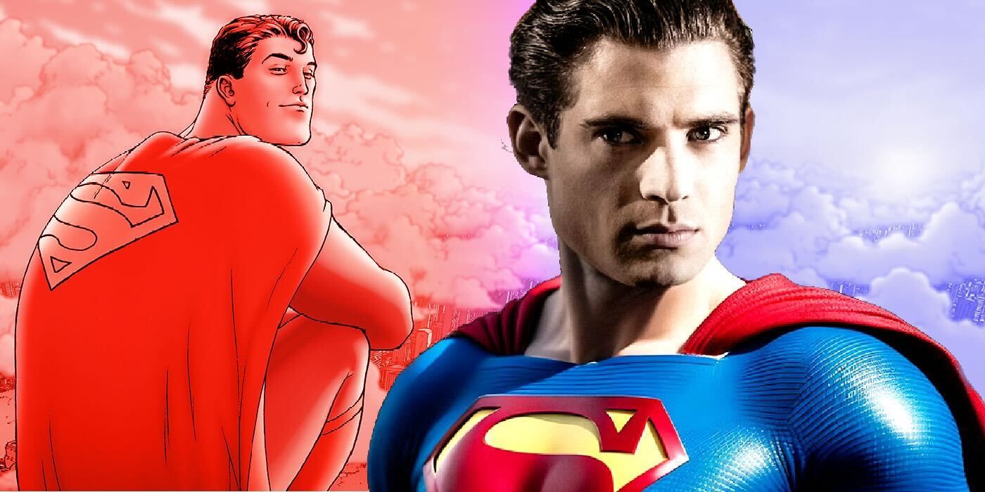 An interpretation of Superman: Legacy star David Corenswet as Superman, with a DC Comic version sitting behind him