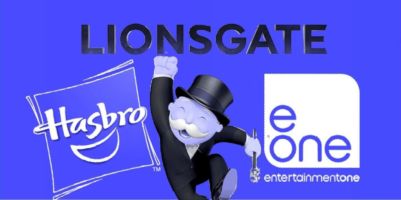 Logos for Lionsgate, Hasbro and eOne with Monopoly mascot
