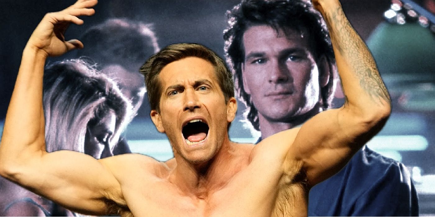 Jake Gyllenhaal shouting with arms in the air, with Patrick Swayze in Road House in the background