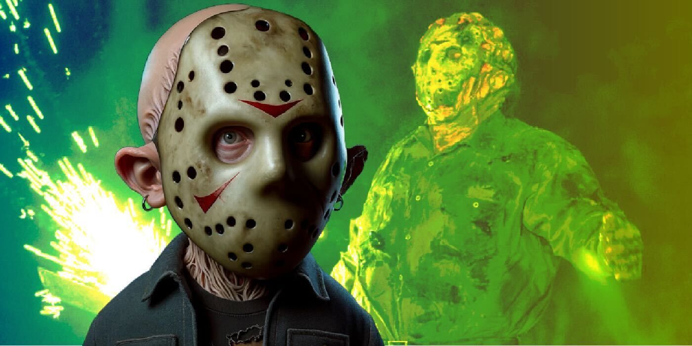 A caricature of Jason Voorhees with Jason from Jason Goes to Hell in the background