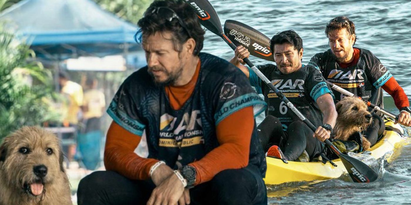 Mark Wahlberg sitting with his dog and rowing in Arthur The King.