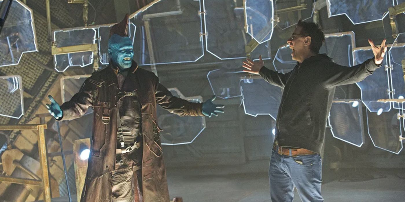 Michael Rooker as Yondu being directed by James Gunn in Guardians of the Galaxy: Vol. 2