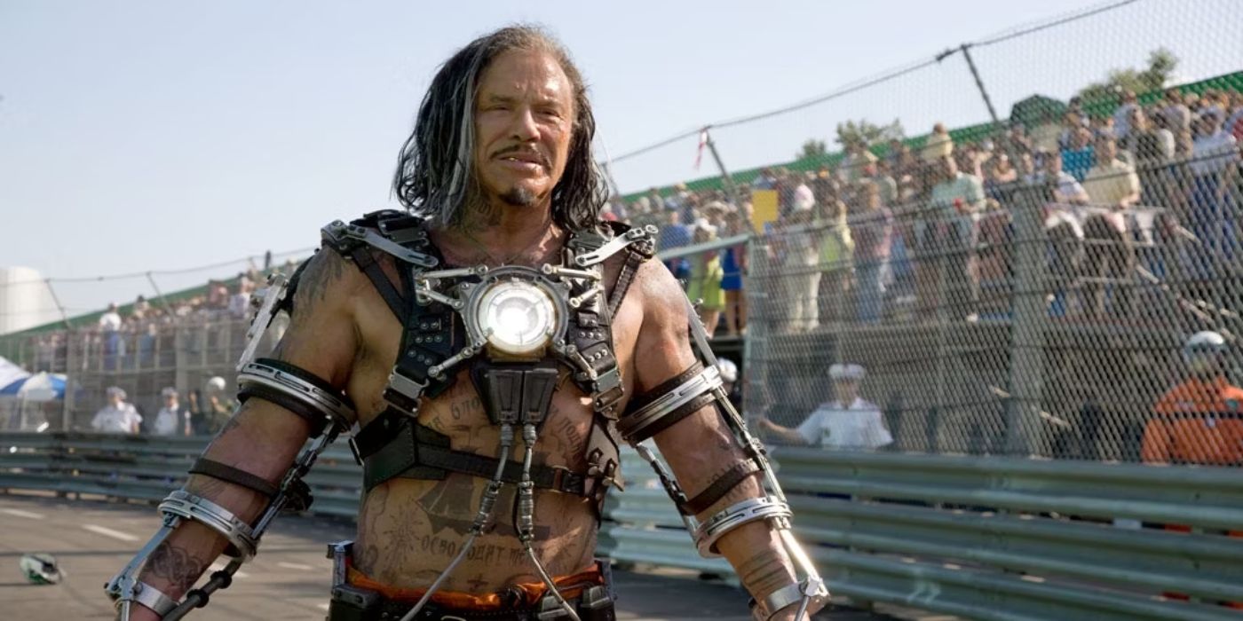 Mickey Rourke as Iron Man 2's Whiplash at a race track