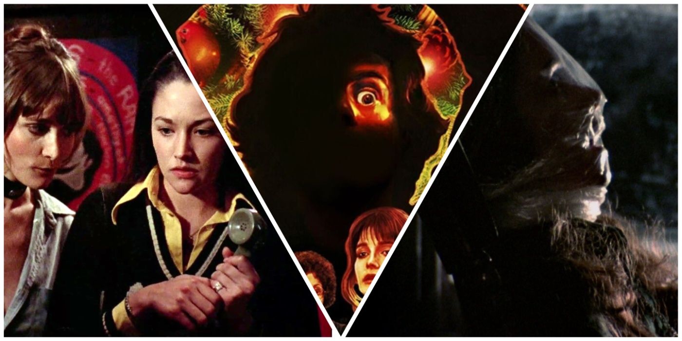 Black Christmas characters including Olivia Hussey as Jess, Margot Kidder as Barb, and the killer Billy