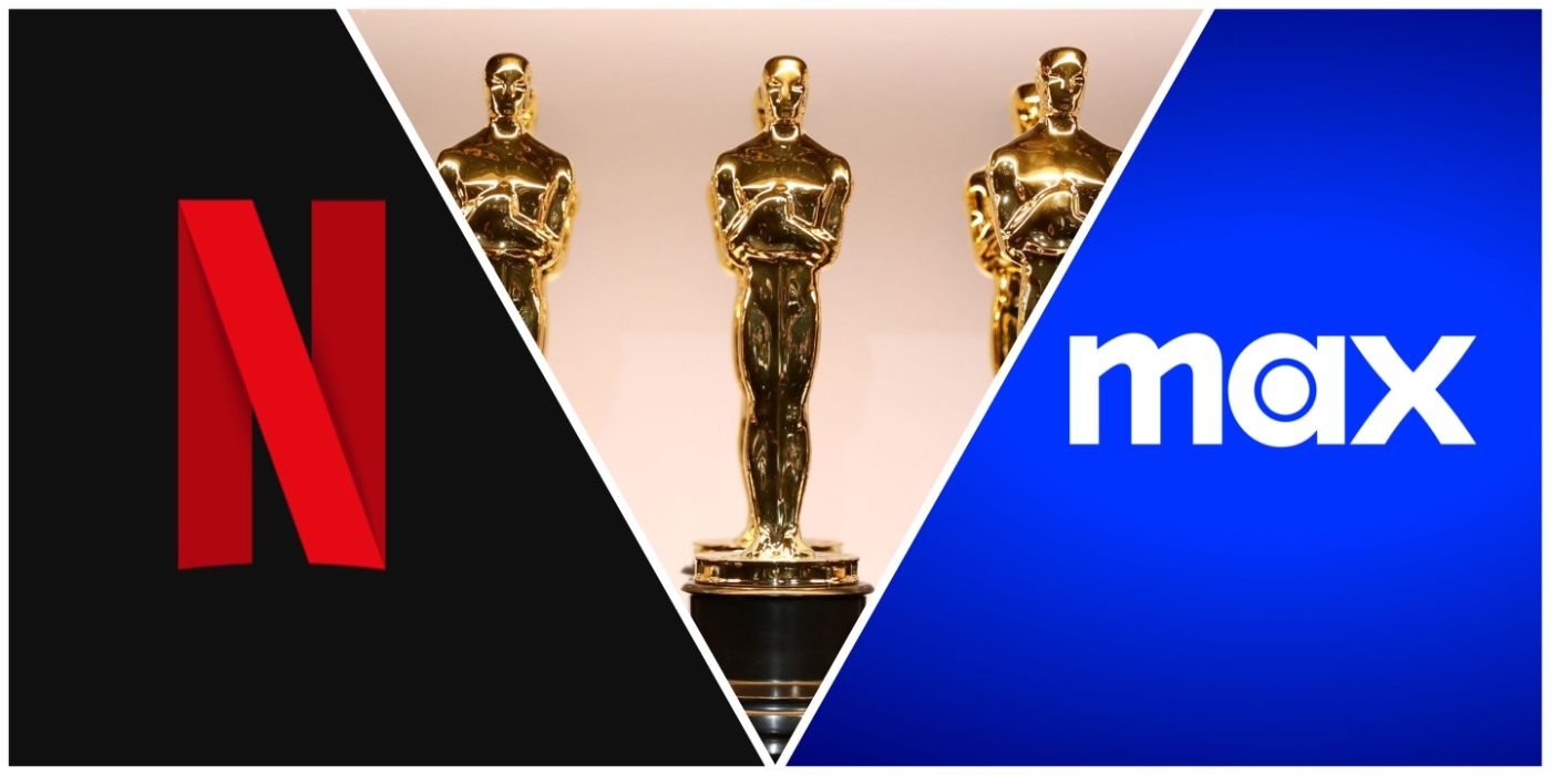The Oscar statues next to the Netflix and Max streaming logos in a collage