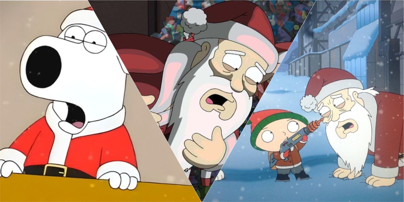 Brian, Stewie, and Santa dressed in Santa outfits and pointing a gun at Santa in Family Guy