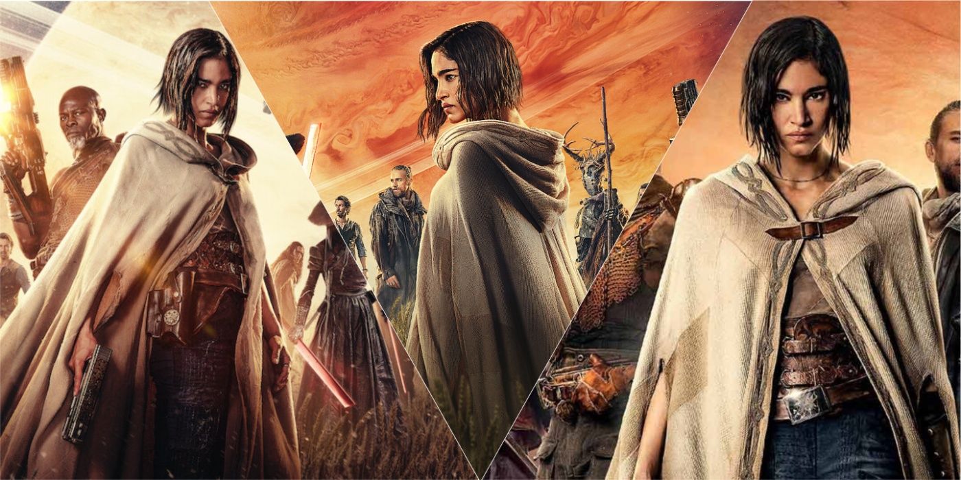 Sofia Boutella as Kora wearing a tan cloak holding a weapon with various characters behind her in Rebel Moon