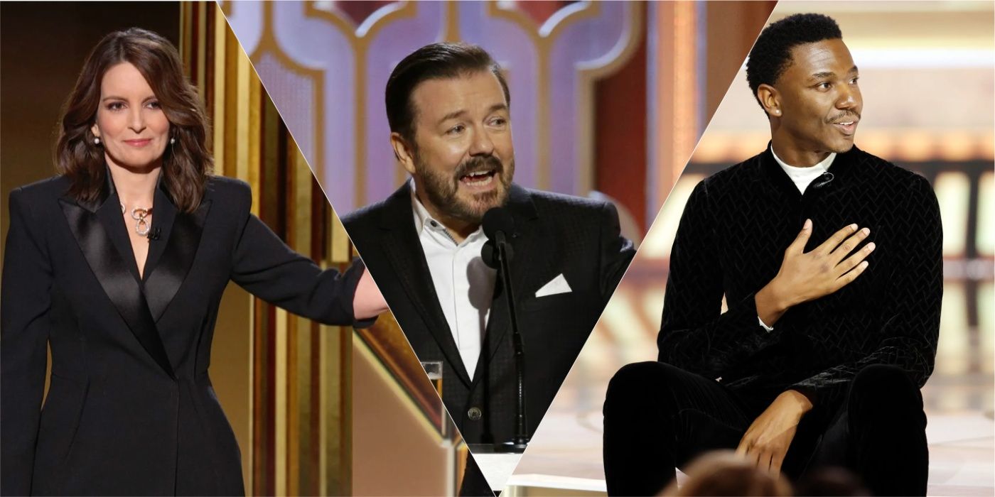 Tina Fey, Ricky Gervais, and Jerrod Carmichael hosting the Golden Globes in an edited image