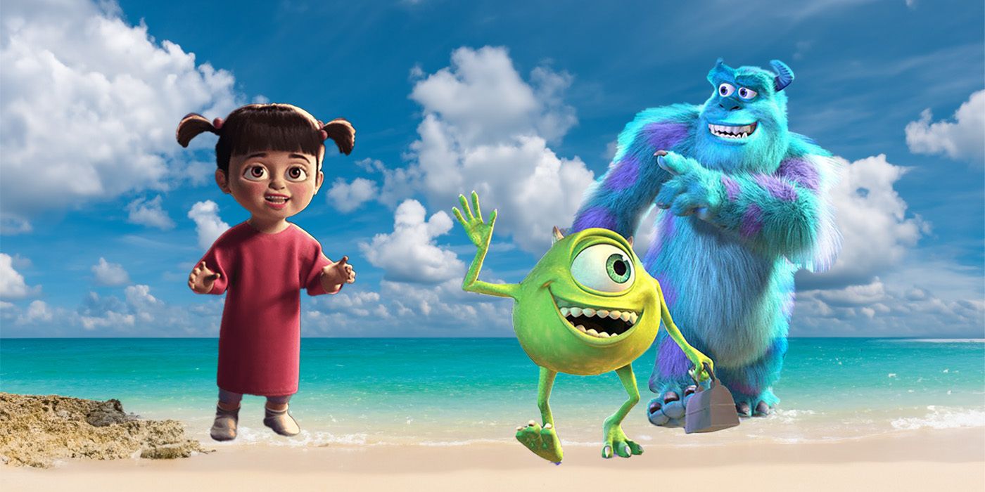 The characters of Monsters INC on a tropical beach