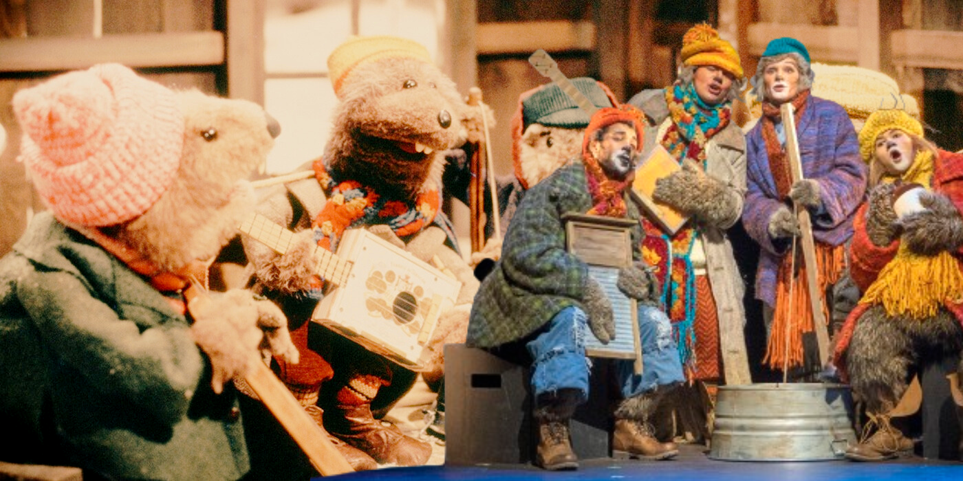 Emmet Otter's Jug-band Christmas puppets playing instruments, with the actors from the stage play doing the same.
