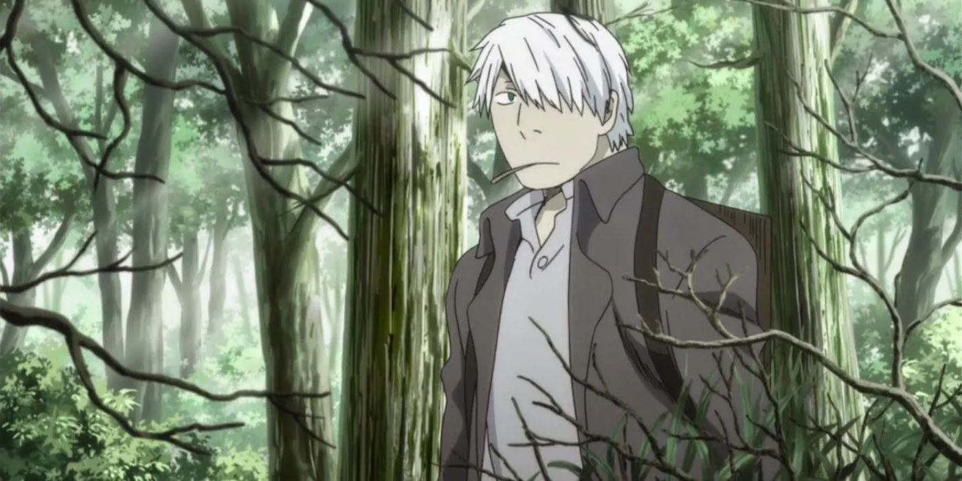 Ginko strolls through a wooded area while smoking a cigarette