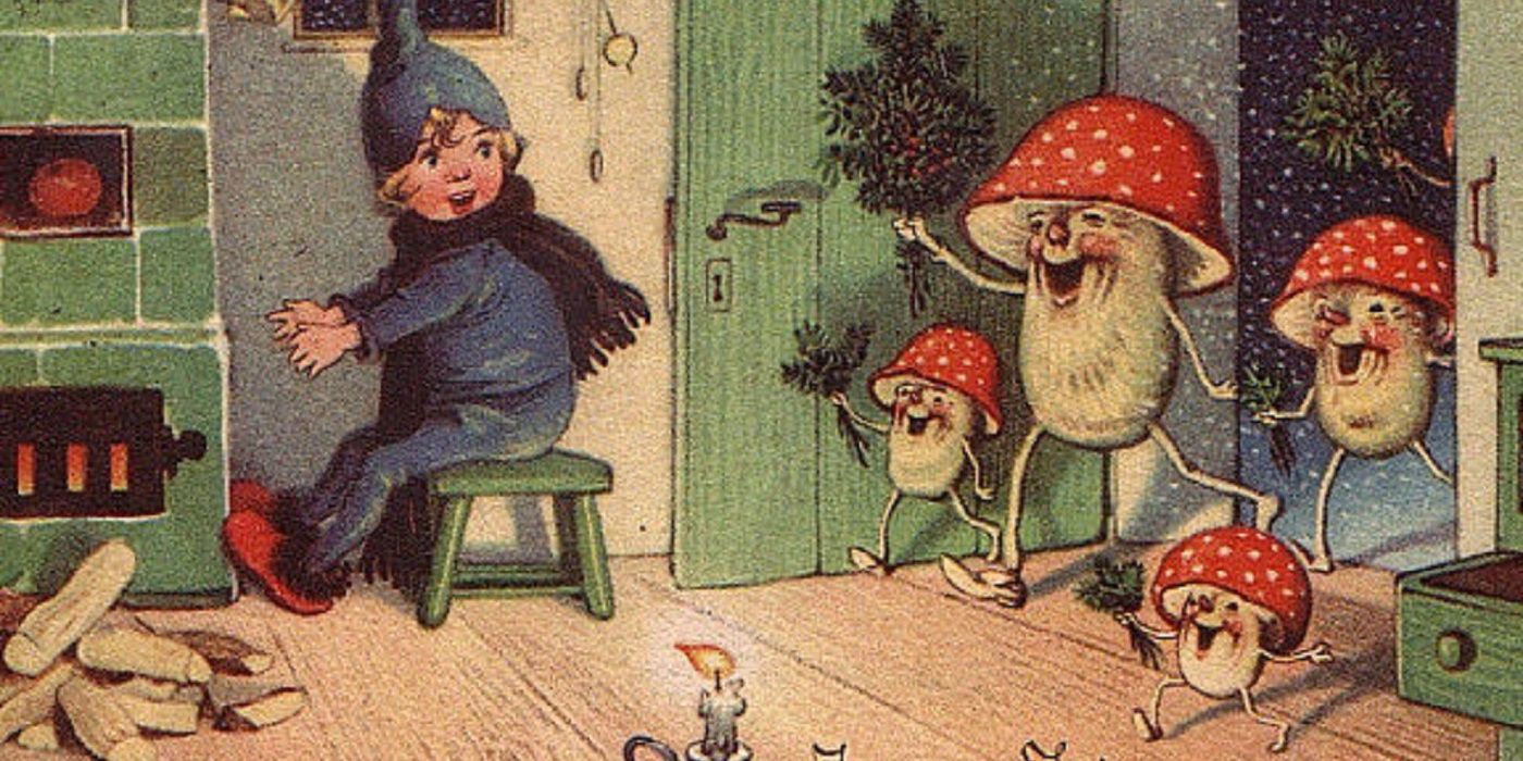 Anthropomorphic mushrooms enter a home on Xmas