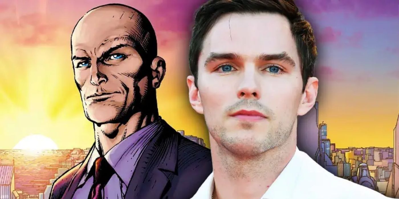 Nicholas Hoult in an edited image with Lex Luthor in the background, standing next to the sunset and city skyline.