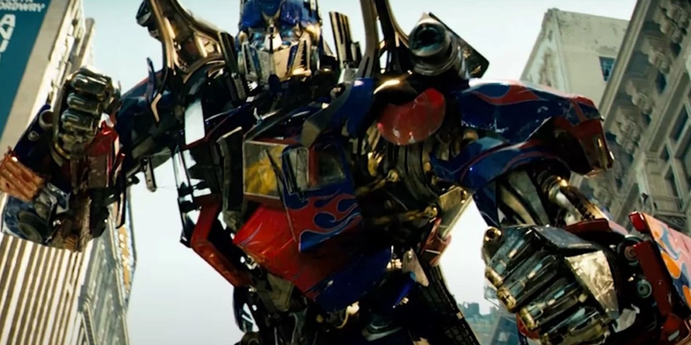A low-angle close-up of Optimus Prime in Transformers 