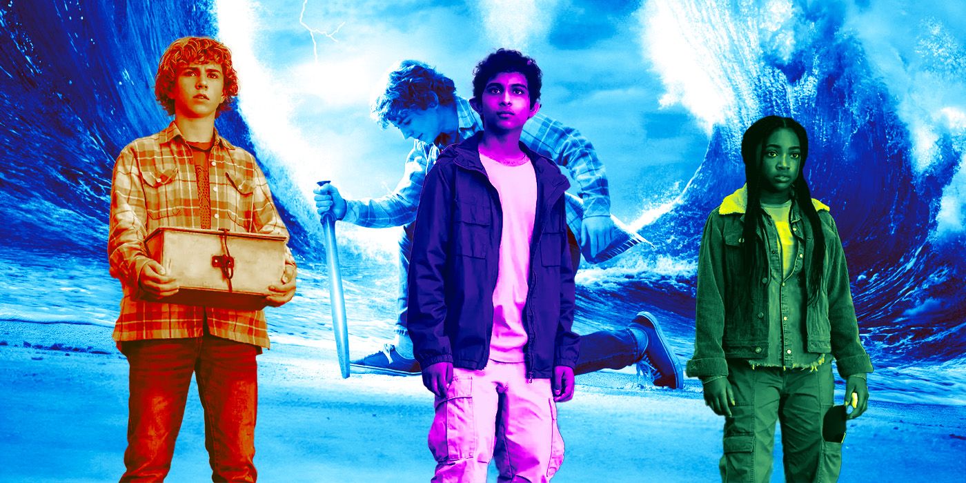 Walker Scobell as Percy Jackson, Leah Jeffries as Annabeth Chase, and Aryan Simhadri as Grover Underwood in Percy Jackson and the Olympians