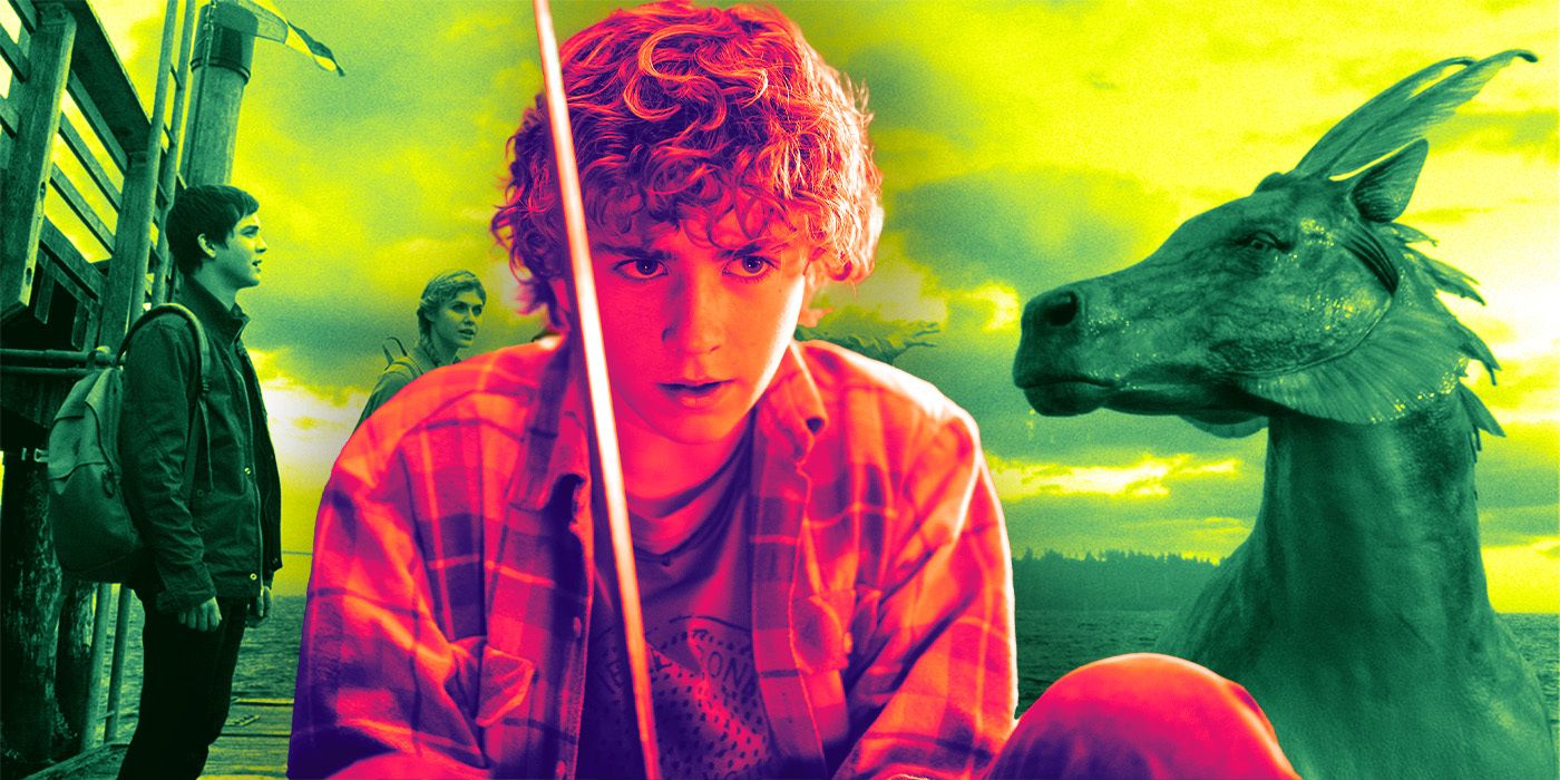 Percy Jackson holding a sword from the new Disney+ series, and also looking at a dragon from 2013's Sea of Monsters