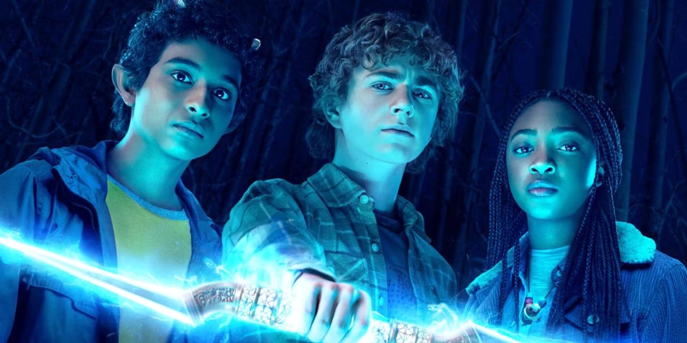 Walker Scobell as Percy, Leah Sava Jeffries as Annabeth and Aryan Simhadri as Grover in Percy Jackson and the Olympians