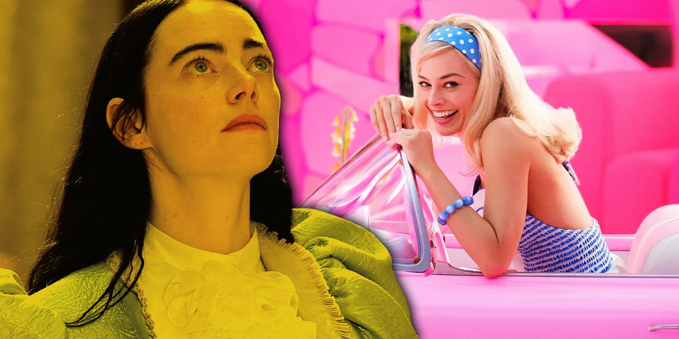 Emma Stone as Bella and Margot Robbie as Barbie in Poor Things and Barbie