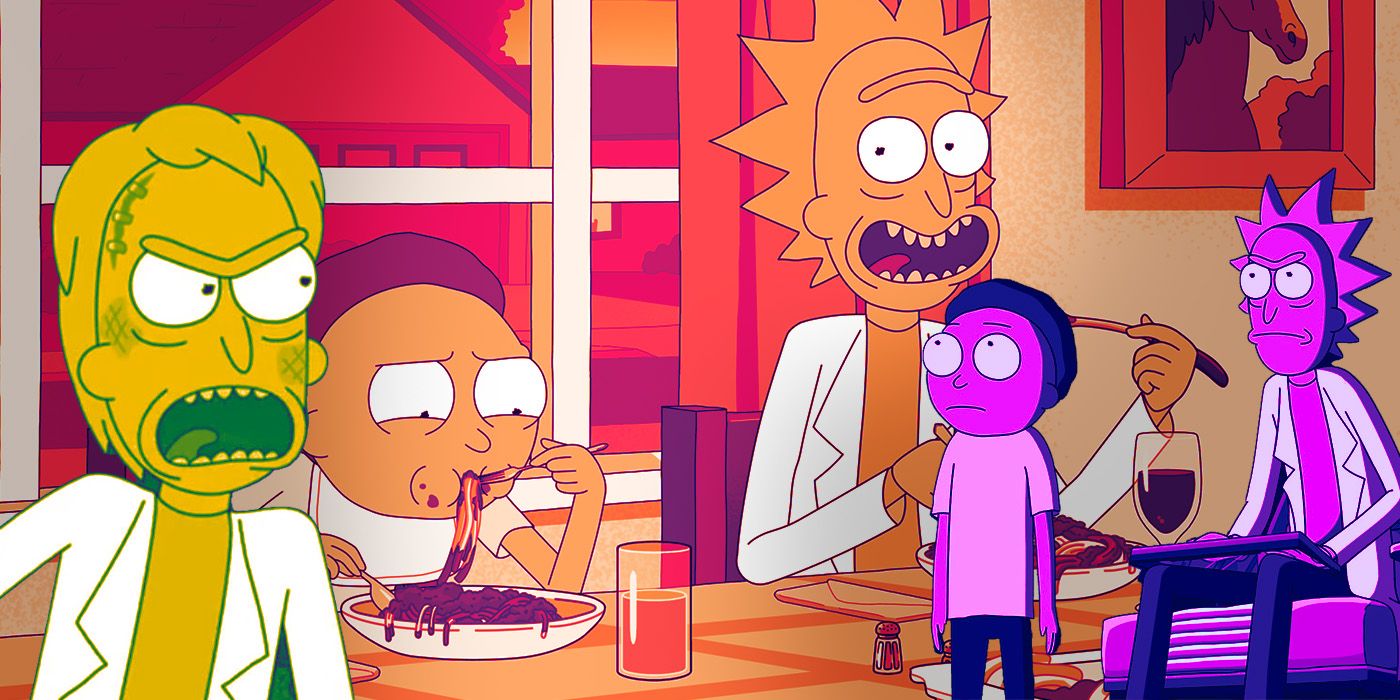 An edit of Rick and Morty sitting at the dinner table eating, and variations of Rick.