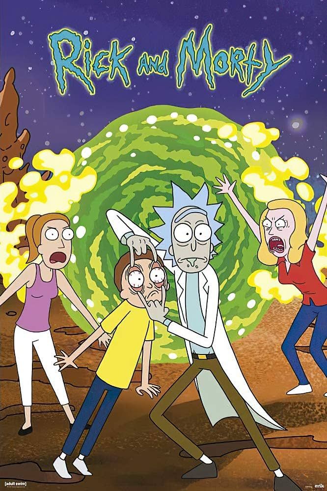 Um pôster de Rick e Morty apresentando os personagens principais, incluindo Rick, Morty, Beth e Summer