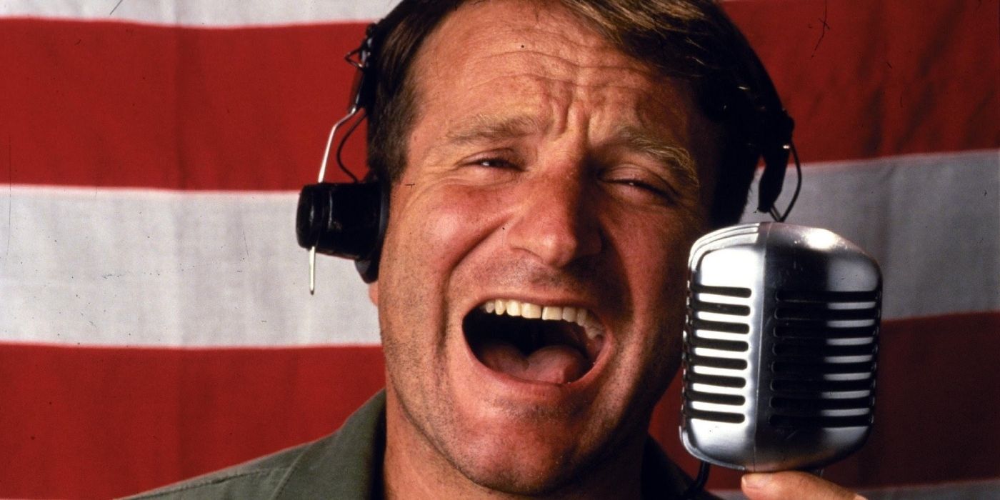 Robin Williams shouting into a microphone in Good Morning, Vietnam