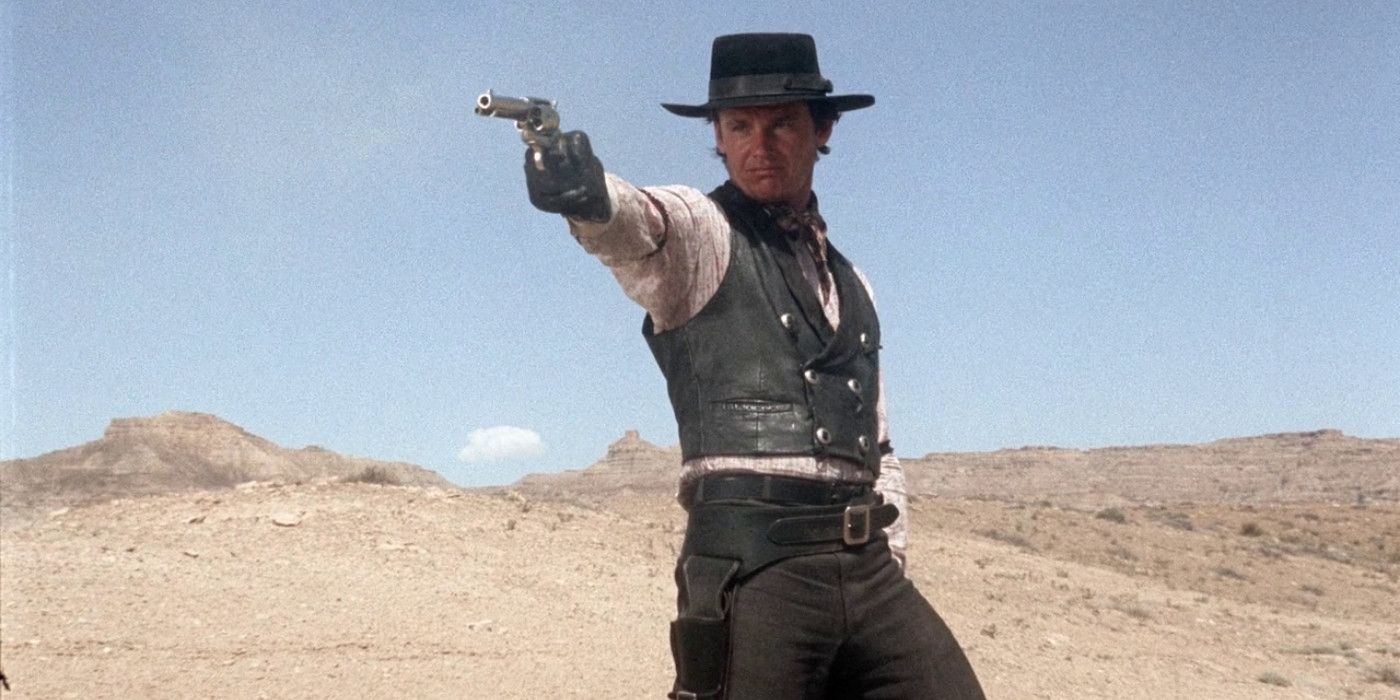 Jack Nicholson as Billy Spear, pointing his revolver, in The Shooting