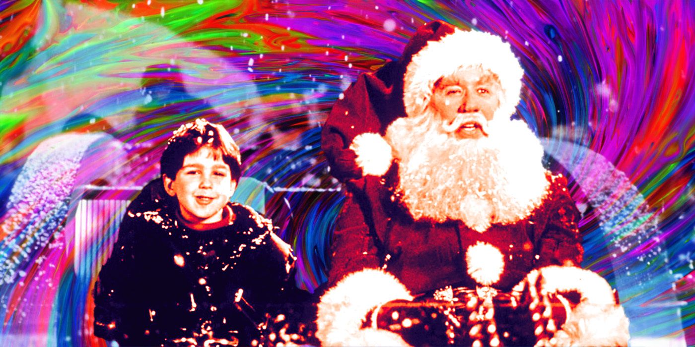 Tim Allen as Santa Claus sititng next to a boy in his sleigh on The Santa Clause
