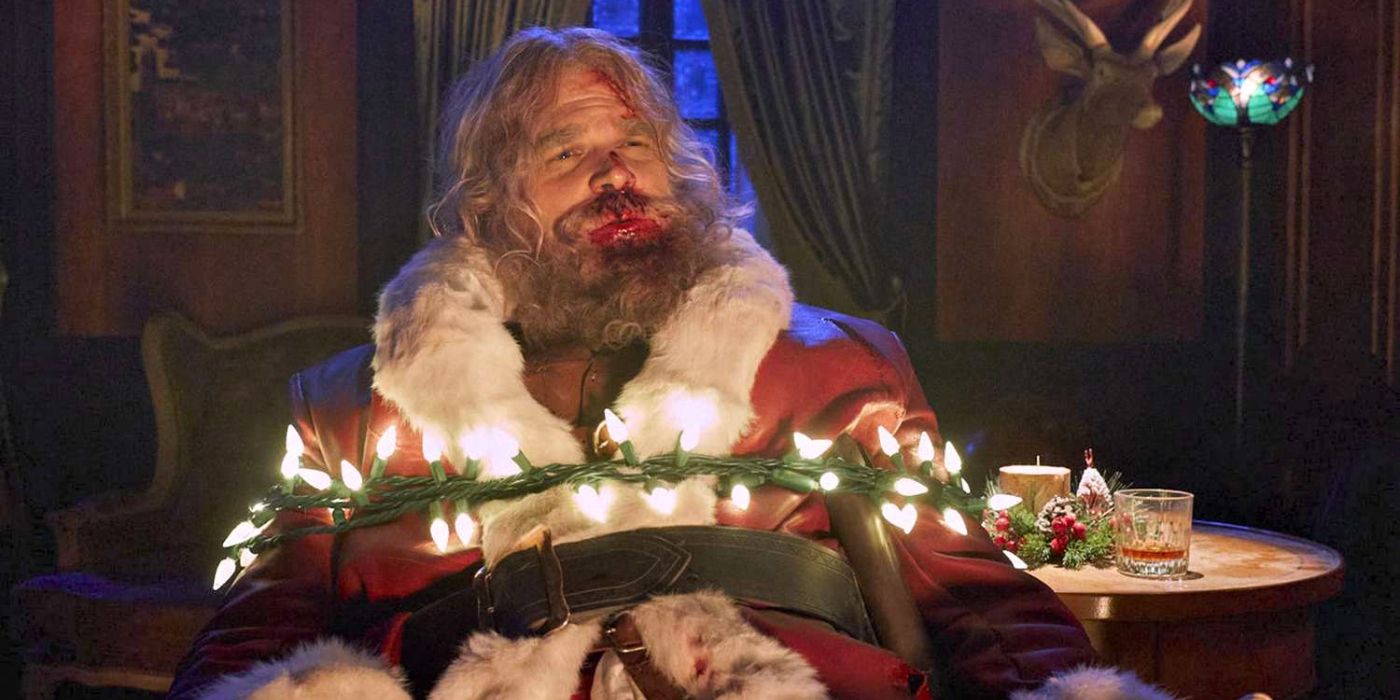 David Harbour as Santa Claus is tied up in Violent Night