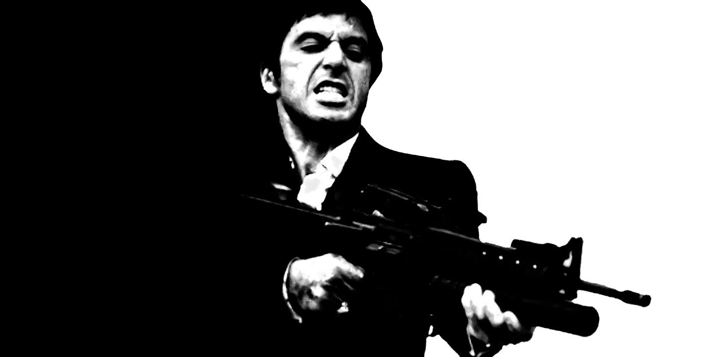 Al Pacino as Tony Montana and firing a gun in Scarface.