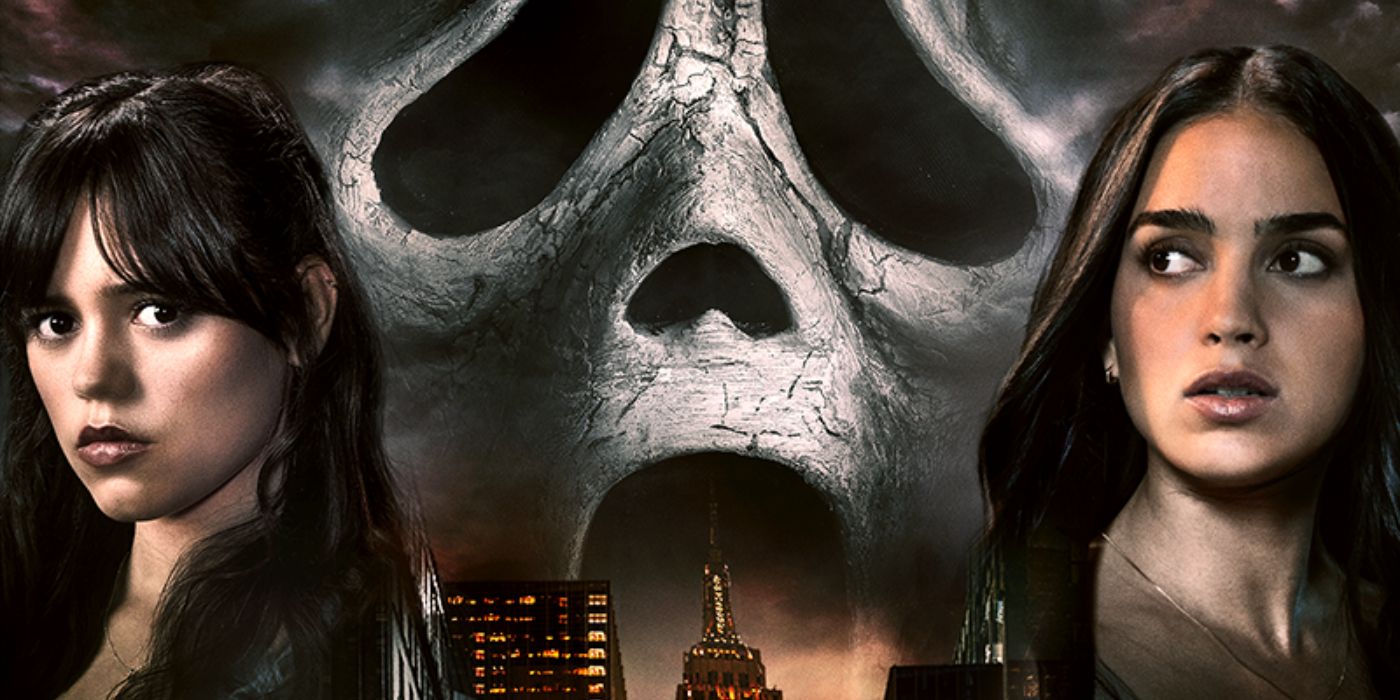 Jenna Ortega as Tara Carpenter and Melissa Barrera as Sam Carpenter with Ghostface and the New York skyline behind them in Scream VI
