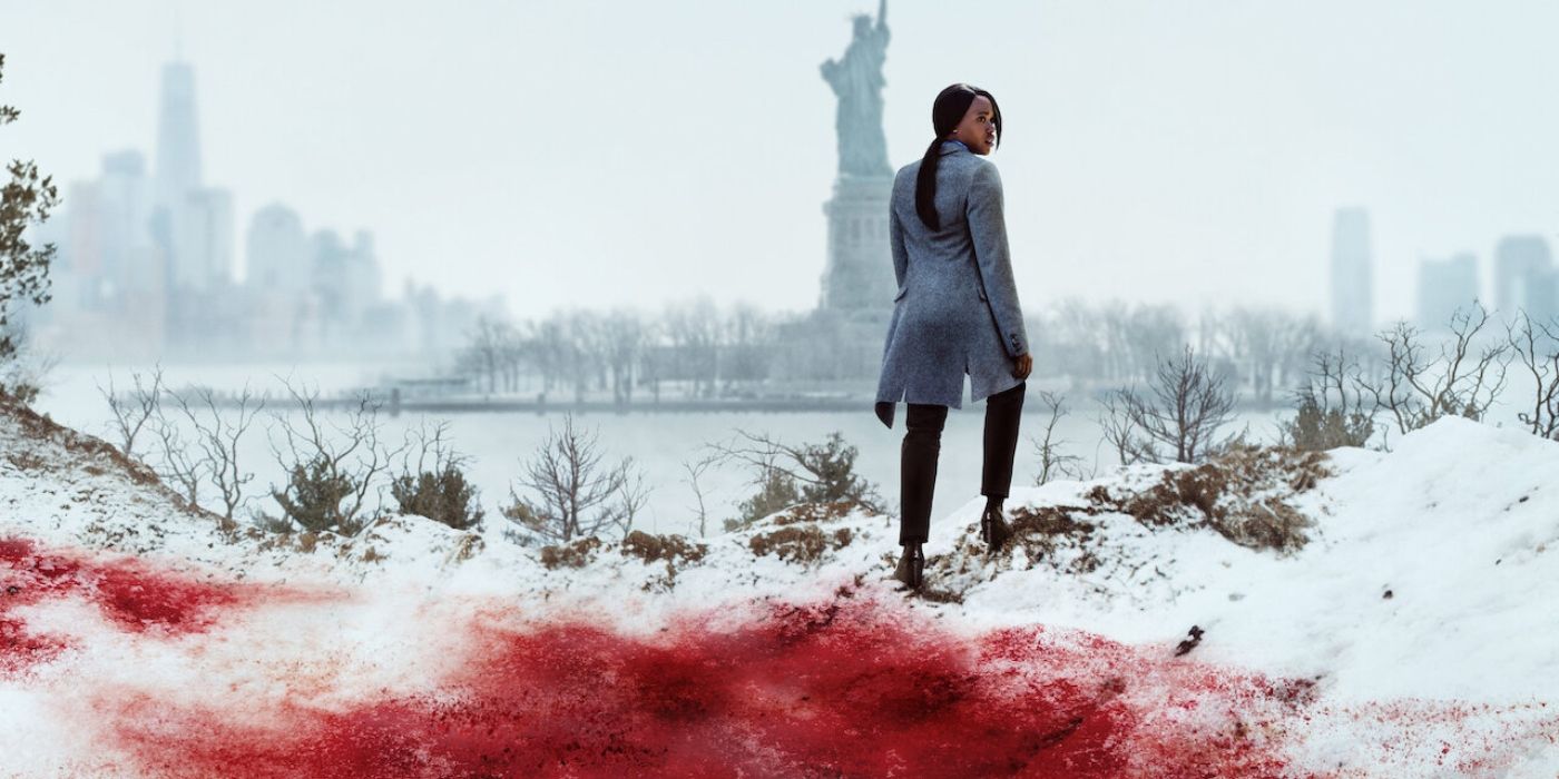 Clare-Hope Ashtey as K.J Harper, standing on blood-covered snow, in Seven Seconds