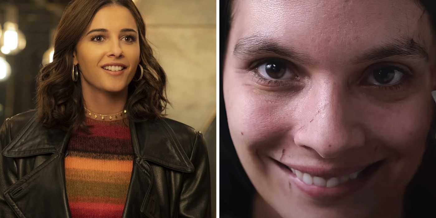 Naomi Scott in Charlie's Angels alongside a still from Smile.