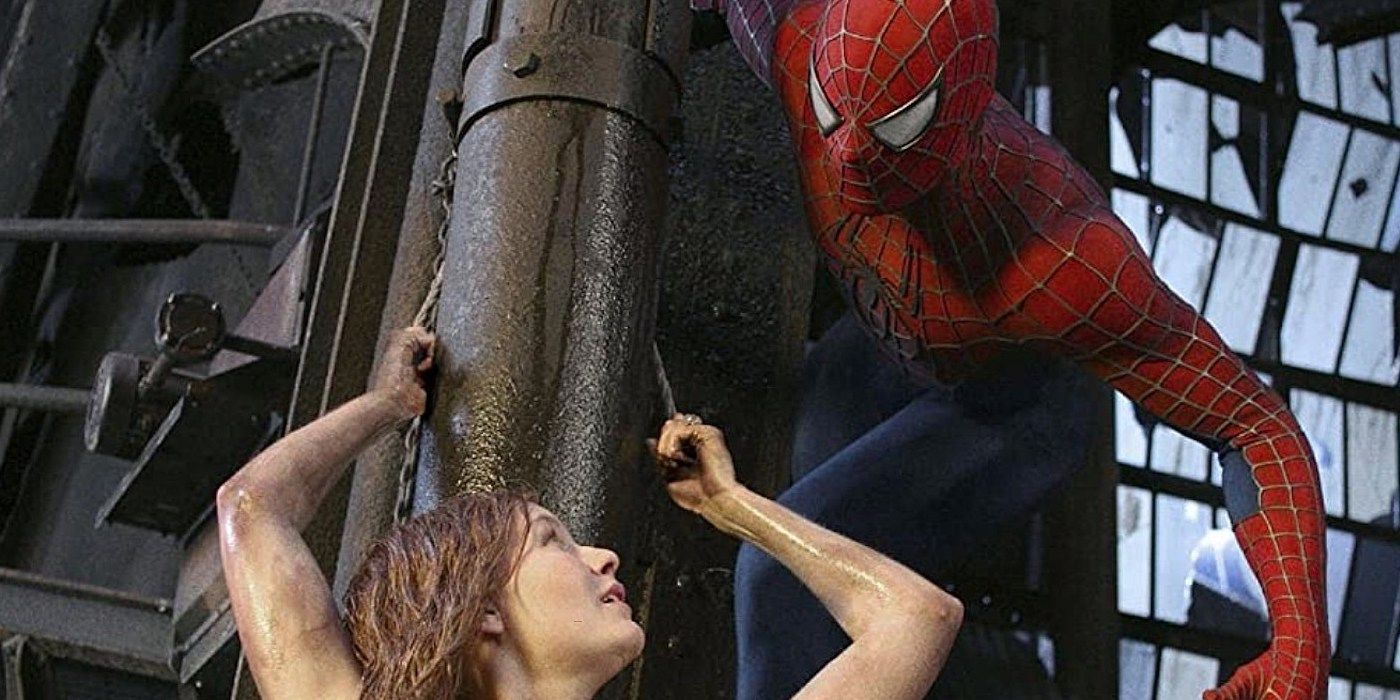 Spider-Man 2 Kirsten Dunst as MJ being saved by Tobey Maguire as Peter Parker/Spider-Man