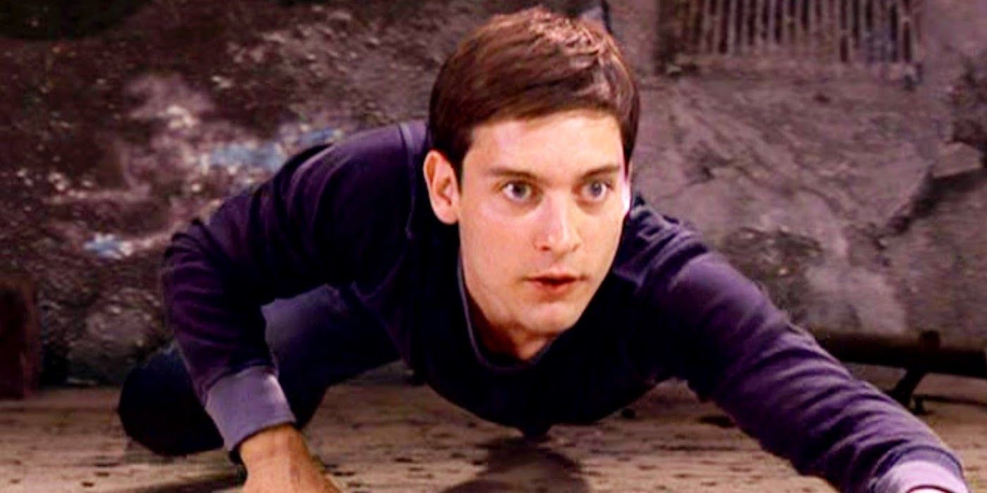 Spider-Man Tobey Maguire as Peter Parker discovers he can climb walls