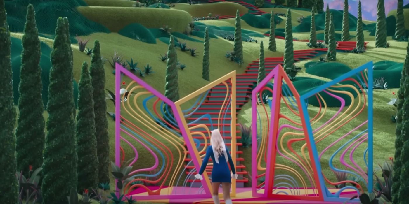 Margot Robbie as Barbie climbing the steps to Weird Barbie's house in Barbie (2023).