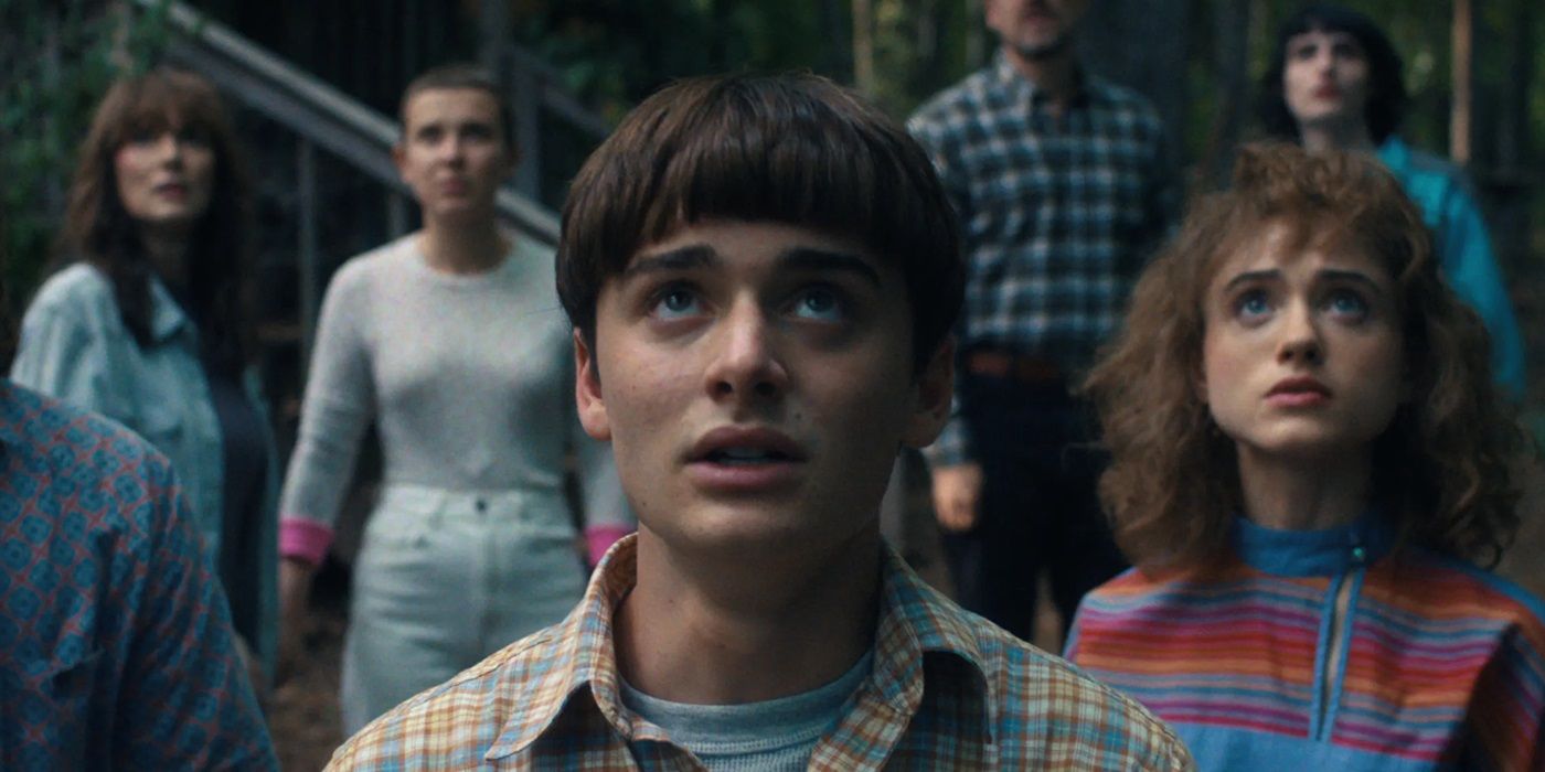 The main cast of Stranger Things look up in horror at the end of season four.