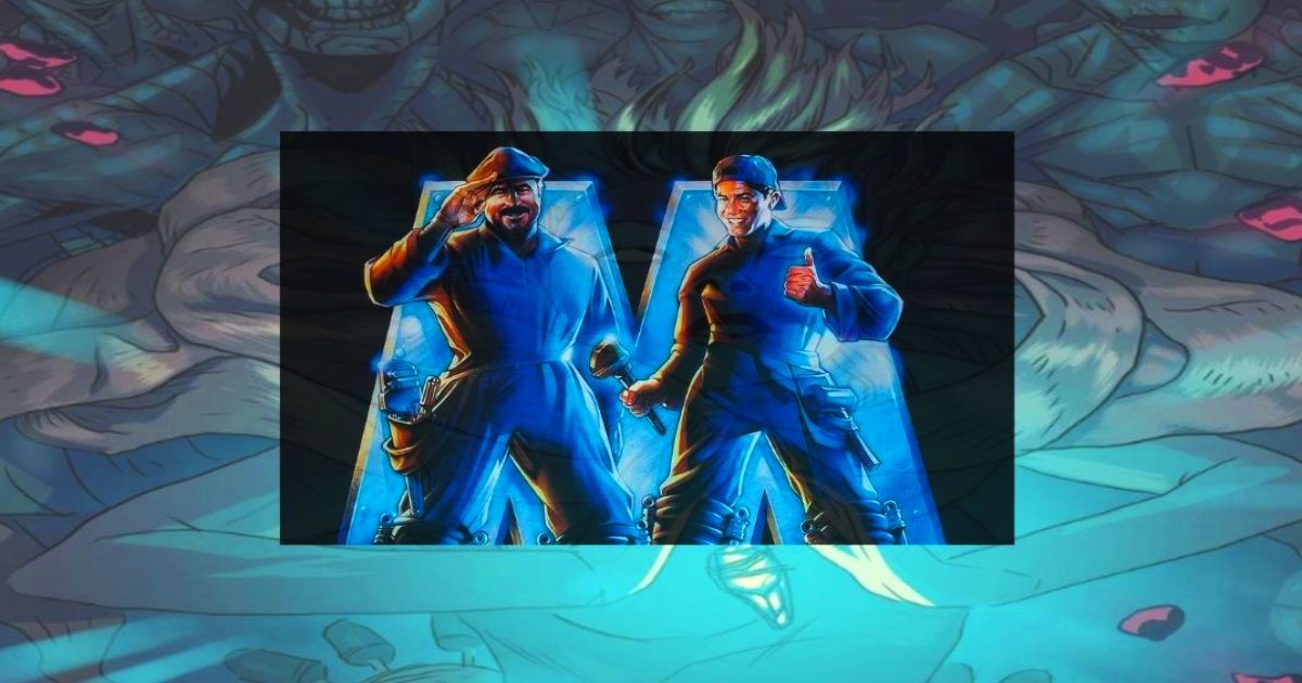 Illustration Of Mario and Luigi In Blue Overalls In Front Of The Letter M.